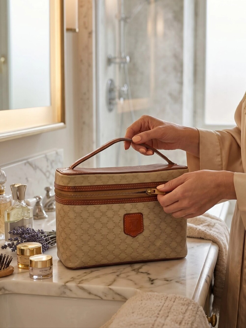 Celine Vintage Macadam Canvas and Leather Vanity/Toiletry Bag Unisex